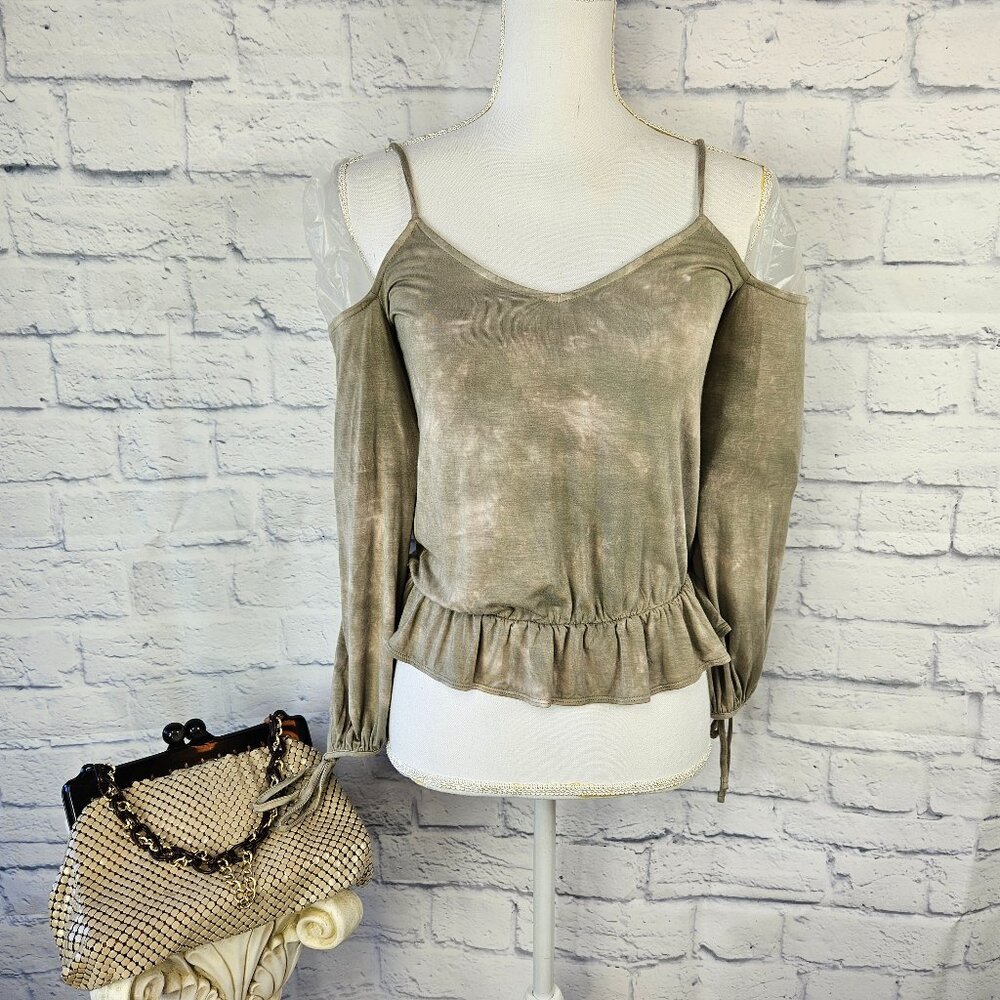 American Eagle Size S Green Tie Dye Soft & Sexy Cold Shoulder Long Sleeve Top